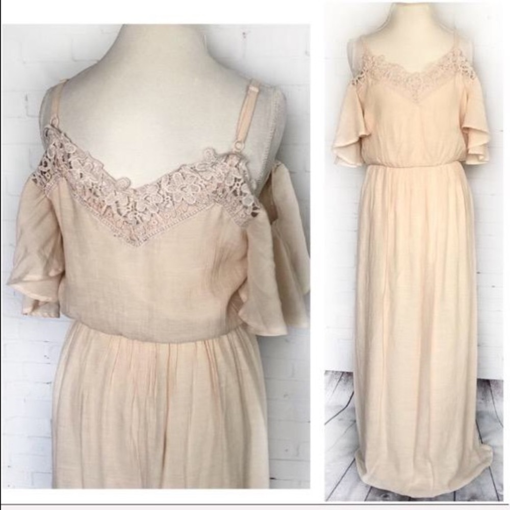AUW Cream Lace Cold Shoulder Maxi Dress SZ 12